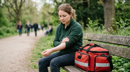 Obraz premium Woman sitting on park bench holding injured arm. Female patient in pain waiting for medical assistance next to red first aid bag. Outdoor emergency response concept