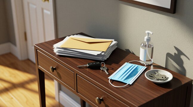 Wooden console table inside residential entry hall features daily essentials. Stack of envelopes sits near house keys, protective face mask. Bottle of clear hand sanitizer fluid stands on surface.
