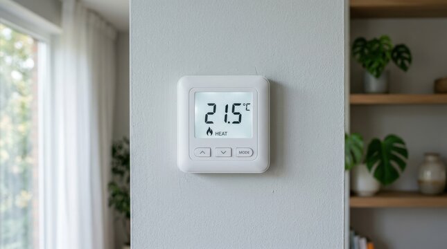 White digital wall thermostat displaying temperature in modern home interior. Smart climate control and heating system concept