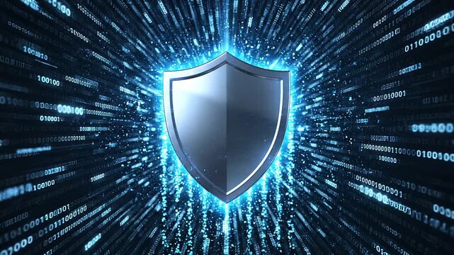 A metallic shield icon floating amidst glowing blue light rays and falling binary data code