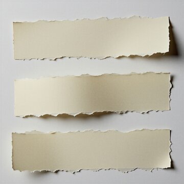 Three horizontal strips of blank cream paper with rough torn edges stacked vertically on plain white surface. Textured pieces provide creative space for custom design projects notes lists modern
