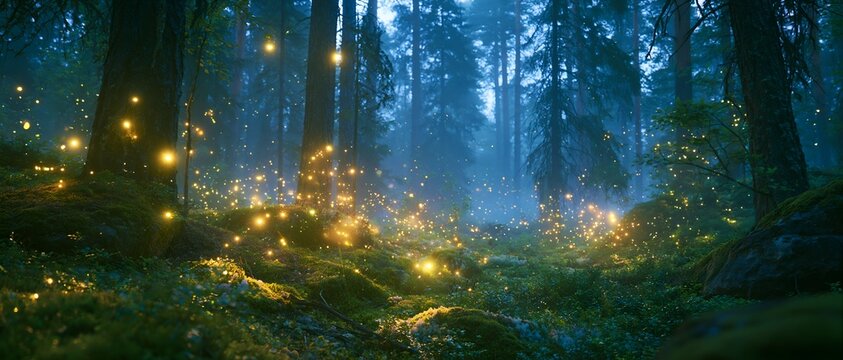 Misty forest bathed in golden firefly glow.