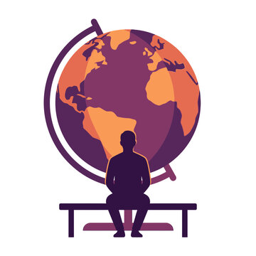 Silhouette of a person sitting on a bench in front of a large world globe