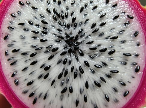 Macro shot of sliced dragon fruit showing white pulp, small black seeds. Bright pink peel surrounds juicy exotic pitaya flesh. Fresh organic food product provides healthy nutrition for diet. Summer