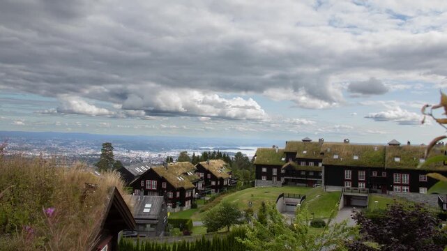 Aerial view of traditional Norwegian grass roof homes with a view towards the city of Oslo and the Oslo fjord. 