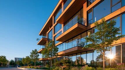 Fototapeta premium Modern apartment building with wooden balconies.