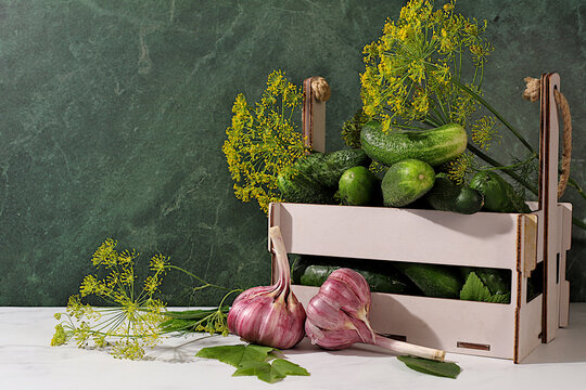 Cucumbers in a basket with dill, garlic, and pickling leaves on the kitchen counter. Harvest concept. Homemade pickle recipe. Cucumbers and pickling ingredients. Home canning concept.