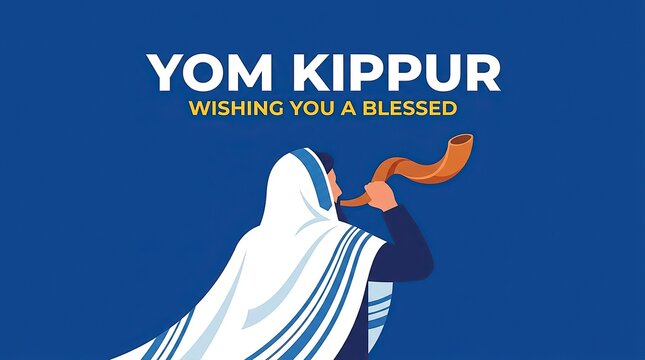 Yom kippur greeting card design with person blowing shofar vector, blessing
