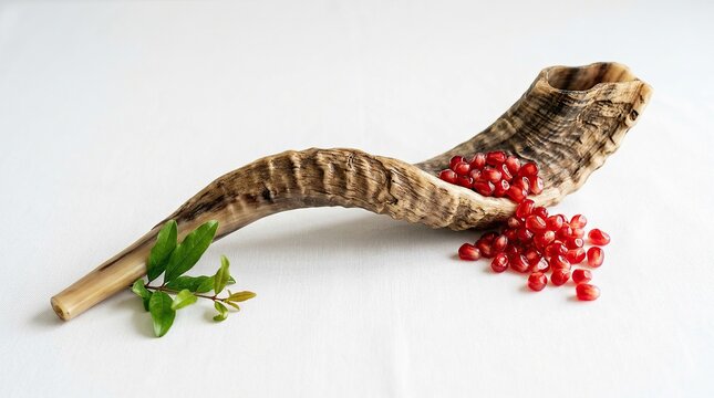 Traditional shofar horn with pomegranate seeds on a white surface, ceremony