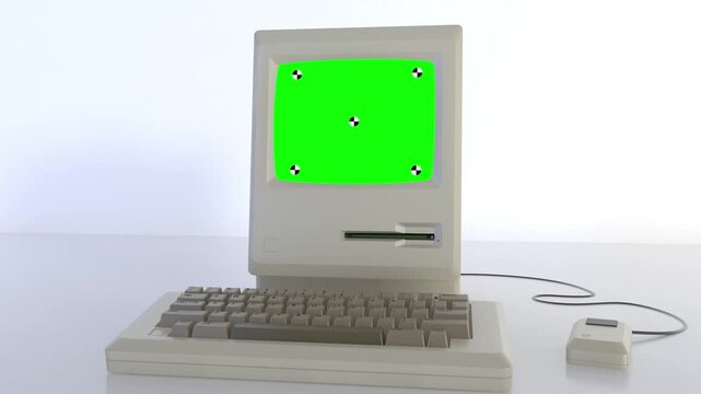 Vintage Computer Green Screen Mockup on White Desk