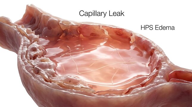 Anatomical medical illustration depicting capillary leak and ards edema with syndrome