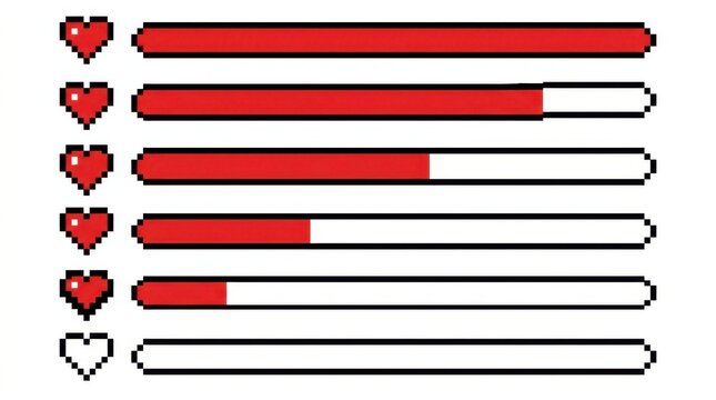 Pixelated hearts paired with horizontal progress bars illustrate decreasing levels pixel digital graphic vector illustration red white gaming interface