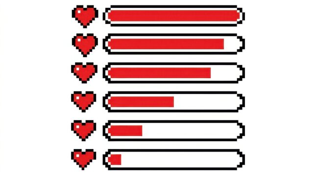 Pixelated hearts and health bars represent diminishing vitality on a white background pixelart healthbar life energy red gaming digital