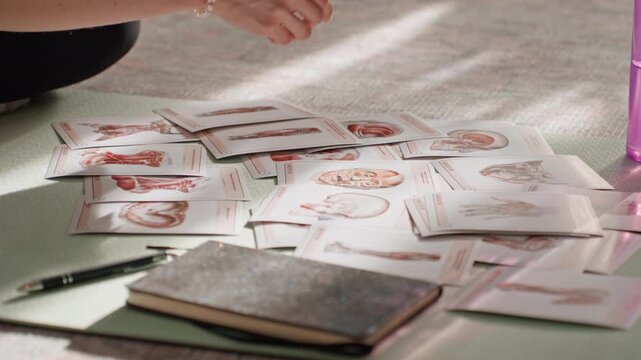 Fitness cards spread on home yoga mat with notebook and pen, white woman sorting sequences in soft sunlight. Closeup of hands arranging cards, mindful wellness planning, creative routine design