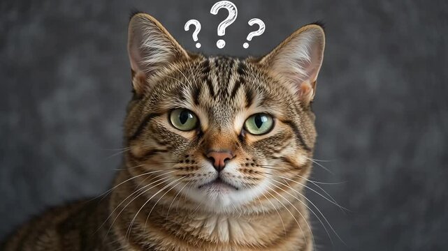 Tabby cat curious expression with hand drawn question marks hovering above head in this funny creative video motion animation
