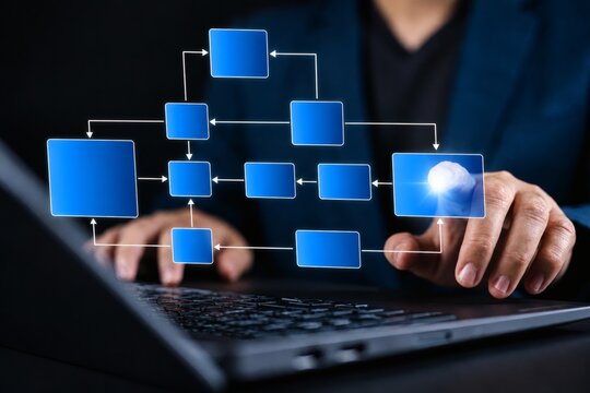 Digital technology concept of business process and workflow automation with flowchart, processing management, and corporate hierarchy scheme for organizational control and efficiency.