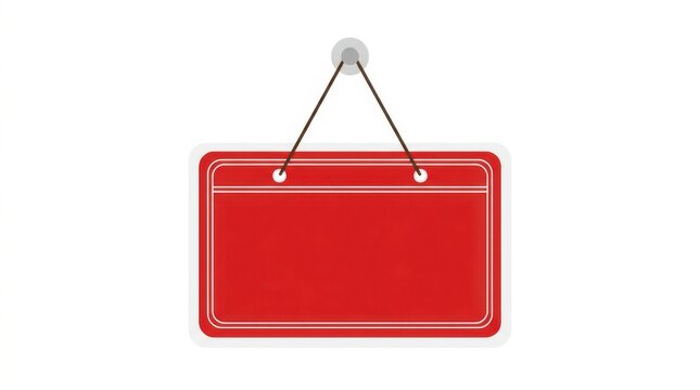 A red rectangular sign with white trim hangs from a gray hook on a white background signage redsign blanksign