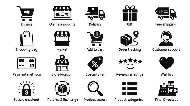 Collection of flat ecommerce icons depicting online retail and customer service shopping marketplace delivery shipping gift payment checkout support