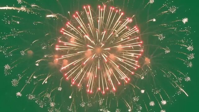 Fireworks exploding brightly in the night sky creating festive colorful patterns of light in this high quality video motion footage