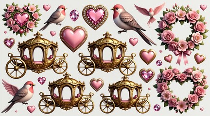 Naklejka premium Set of fairytale items including golden carriages pink hearts flying birds, floral wreaths. Decorative elements feature jewels, blossom flowers isolated on white background. Illustration collection