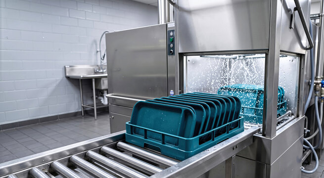 Commercial dishwasher machine spraying water to rinse teal plastic food trays on a roller conveyor belt. Professional stainless steel sanitizing dishwashing equipment in cafeteria kitchen