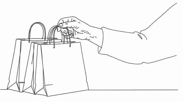 A single-line drawing on the theme of sales and Black Friday. A woman's hand holds paper bags on a white background.