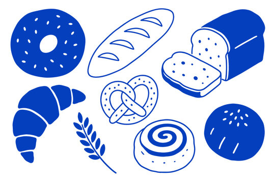 A collection of various bread and pastries is displayed in a simple design. The items include croissants, rolls, and pretzels with different shapes and sizes