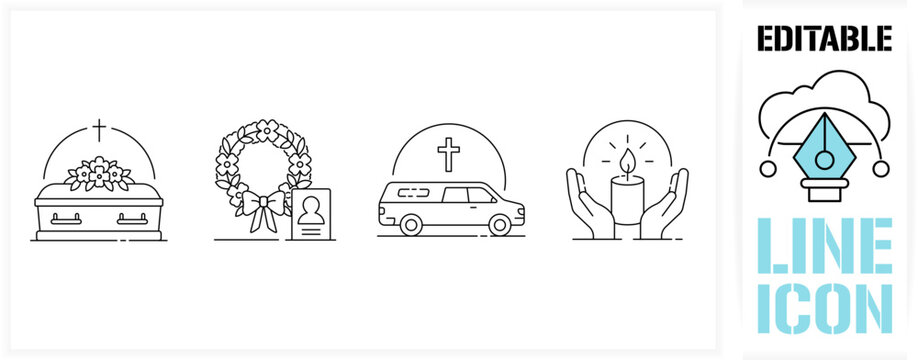 Editable line icon set in a black simple and clean vector outline stroke for funeral service, wooden coffin with flowers, memorial wreath with portrait, hearse car and burning candle in hands.