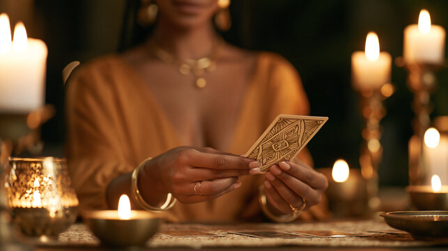 Fortune teller holding a symbolic card representing transformation and endings, dramatic candlelight, tarot reading, spiritual transition, divination, mystical symbolism, close-up