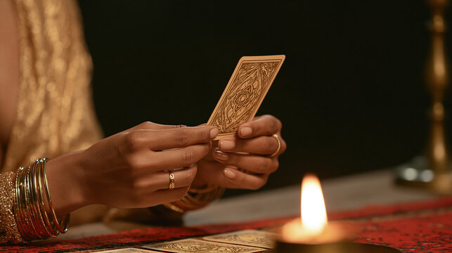 Fortune teller holding a symbolic card representing transformation and endings, dramatic candlelight, tarot reading, spiritual transition, divination, mystical symbolism, close-up