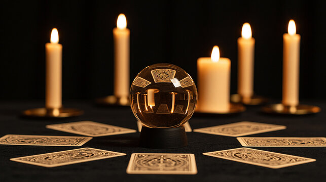 Tarot reading setup with candles reflected in a crystal sphere, mystical cards scattered across black velvet, spiritual prediction, occult symbolism, esotericism, dramatic