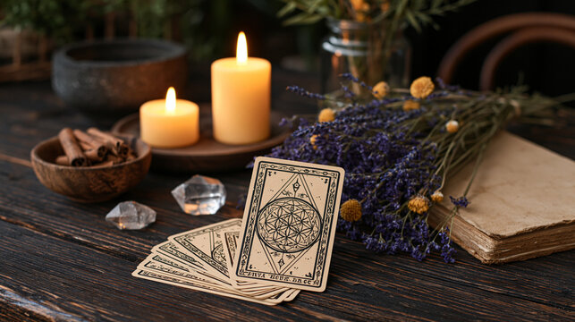 Occult-inspired still life with tarot cards, dried flowers, candles, aromatic wood, crystals and an old journal on a dark table, witchcraft aesthetic, mysticism, spiritual ritual,