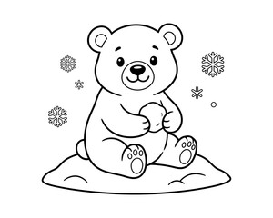 Adorable polar bear cub sitting on ice floe surrounded by snowflakes line art © MONOURA BEGUM@