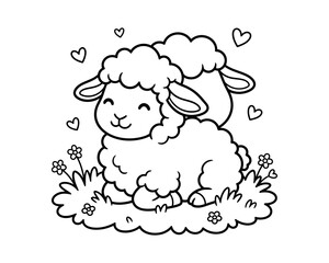 Obraz premium Cute cartoon lamb happily jumping in a field of flowers and hearts illustration