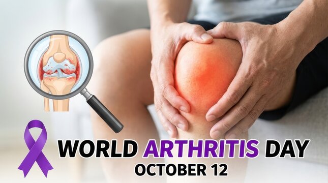 Knee joint illustration with magnifying glass and human hands highlights world arthritis day awareness osteoarthritis rheumatoid cartilage inflammation pain
