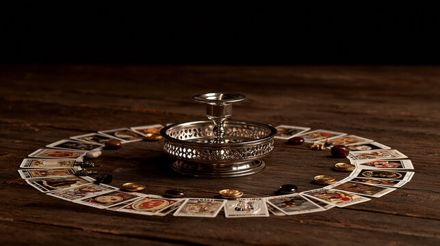 Silver candle holder surrounded by tarot cards and mystical stones arranged in a circular ritual composition, occult aesthetic, esotericism, divination, spiritual ceremony,