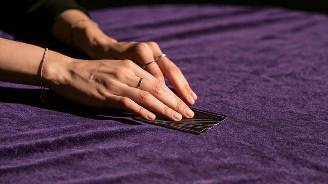 Close-up of feminine hands shuffling a deck of mystical cards over a purple velvet cloth, tarot reading, divination, fortune telling, spiritual guidance, occult aesthetic, elegant