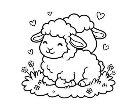 Cute cartoon lamb happily jumping in a field of flowers and hearts illustration