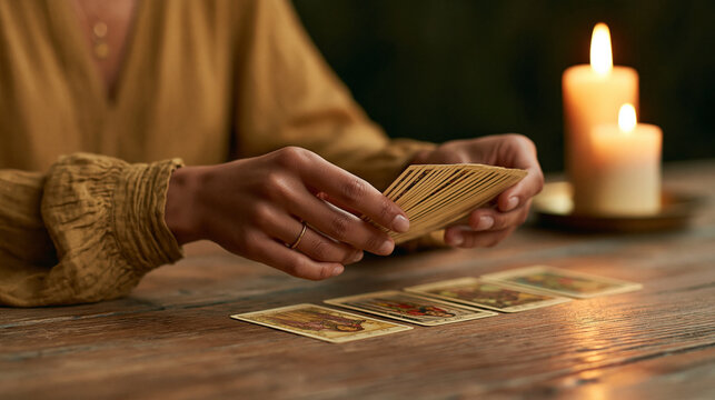 Close-up of a woman shuffling tarot cards beneath warm candlelight, fortune telling, witchcraft, esotericism, divination, spiritual practice, hands-only photography, with copy