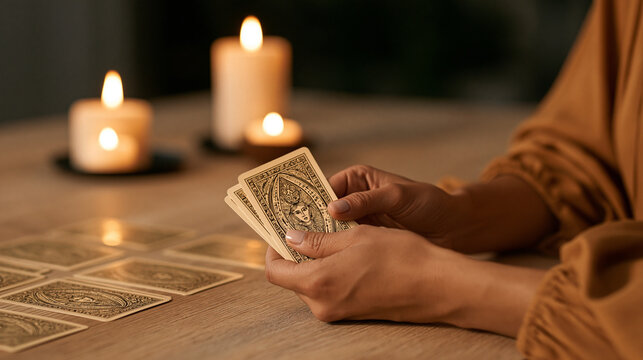 Close-up of a woman shuffling tarot cards beneath warm candlelight, fortune telling, witchcraft, esotericism, divination, spiritual practice, hands-only photography, with copy