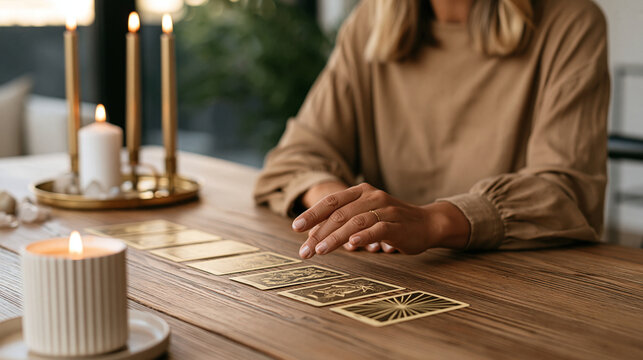 Female tarot reader working from home at a cozy mystical altar, cards spread across the table, candles and crystals surrounding the scene, online divination, spiritual lifestyle,