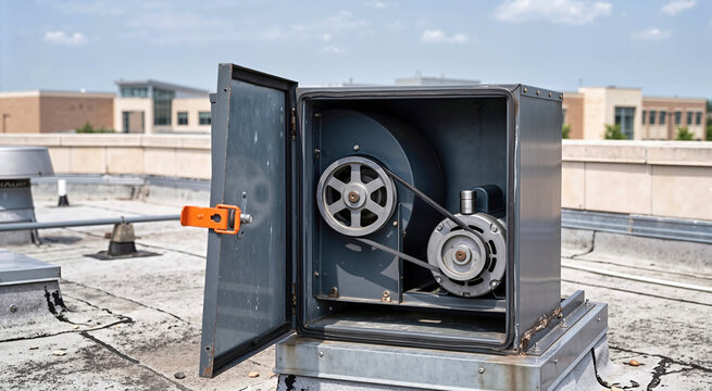 Open metal housing of rooftop exhaust fan unit displaying belt drive pulley system and electric motor. HVAC ventilation equipment installed on commercial building roof for facility maintenance