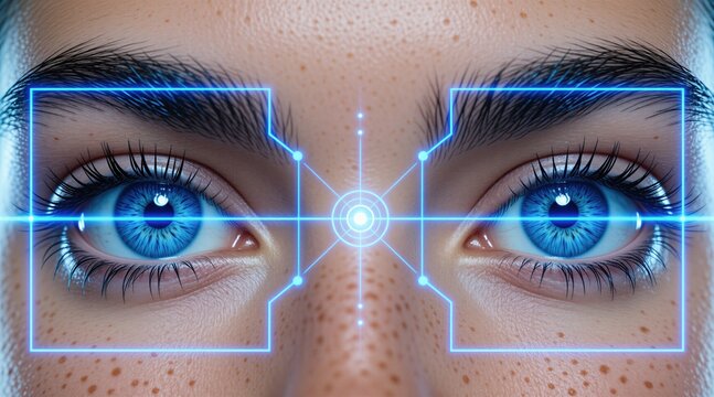 Woman blue eyes scanned by futuristic blue laser grid for identity verification. Digital iris scan technology identifies person for access. Biometric security system analyzes gaze.