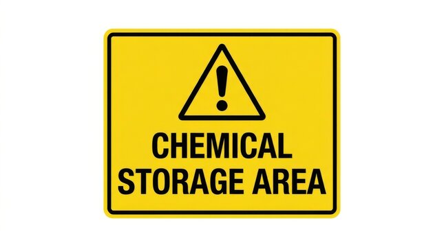 Yellow warning sign indicates a chemical storage area with a black exclamation point symbol caution hazard signage safety alert