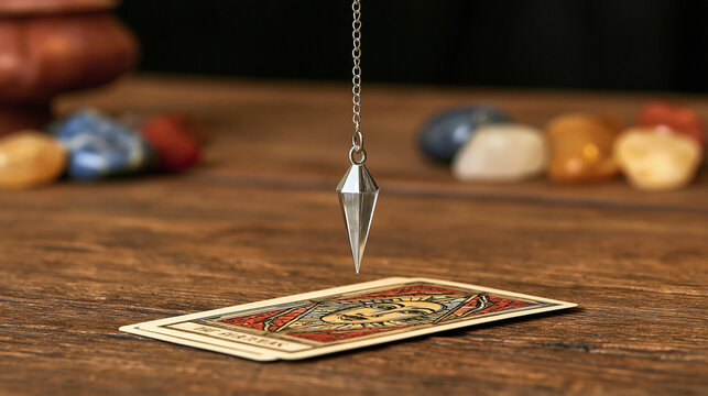 Delicate pendulum suspended above tarot cards and colorful crystals on a wooden table, dowsing, spiritual guidance, divination, metaphysical practice, esotericism, close-up