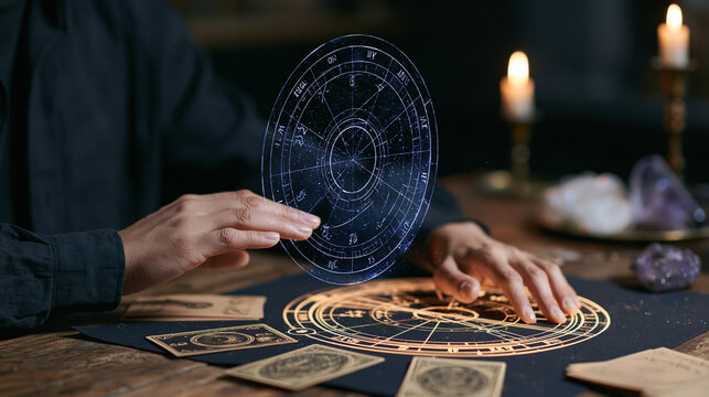 Astrologer studying a glowing natal chart beside mystical cards and crystals, astrology prediction, horoscope consultation, spiritual guidance, esotericism, digital mysticism,
