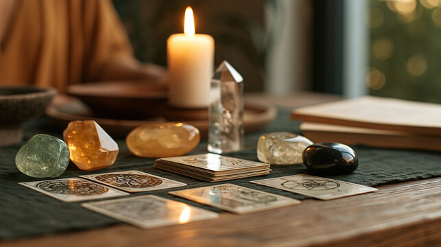 Tarot cards and polished crystals arranged across a fortune teller's wooden table, astrology, divination, spiritual guidance, occult background, warm candlelight, detailed still
