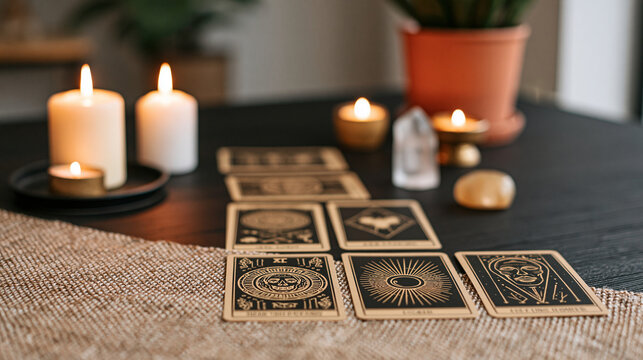 Artistic composition of mystical cards arranged like a journey across a dark table with candles and crystals, tarot reading, self-discovery, spiritual guidance, fortune telling,