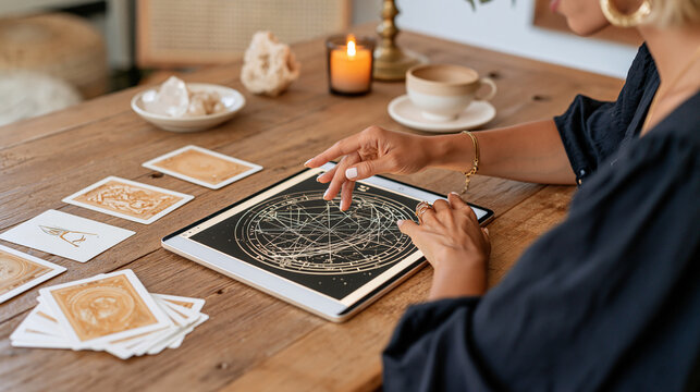 Modern female astrologer working with a digital birth chart on a tablet surrounded by tarot cards and crystals, astrology, online consultation, spiritual technology, horoscope
