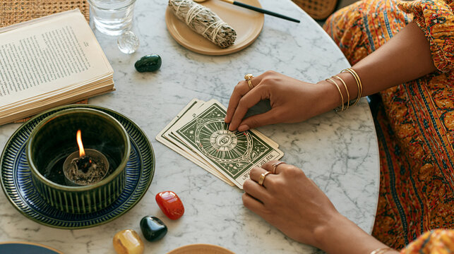 Woman placing mystical cards on a marble tabletop beside burning sage and polished crystals, spiritual cleansing, tarot reading, divination, esotericism, wellness ritual, overhead